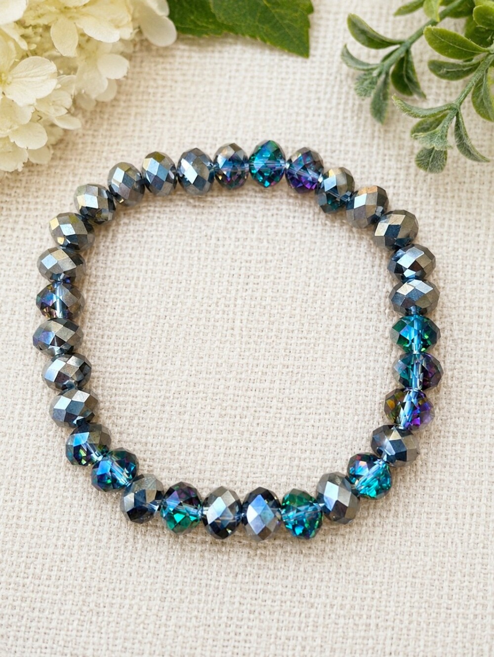 Sparkling Iridescent Silver Crystal Stretch Bracelet | Handmade